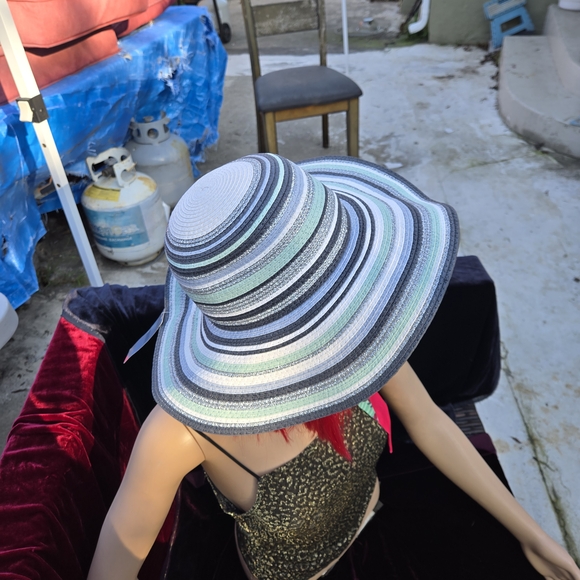 Accessory Street Aqua Mist Wide Brim Sun Hat Metallic Stripe Floppy Hat - Picture 2 of 12